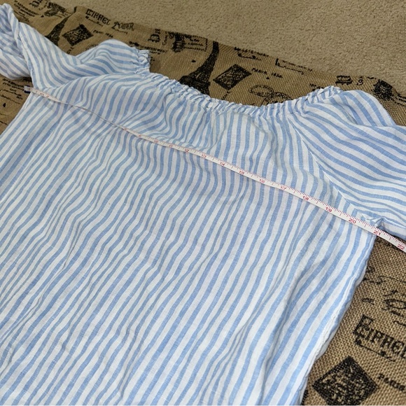 Saks Fifth Avenue 100% Linen Blue White 3/4 Sleeve Off Shoulder Maxi Dress - Picture 15 of 16